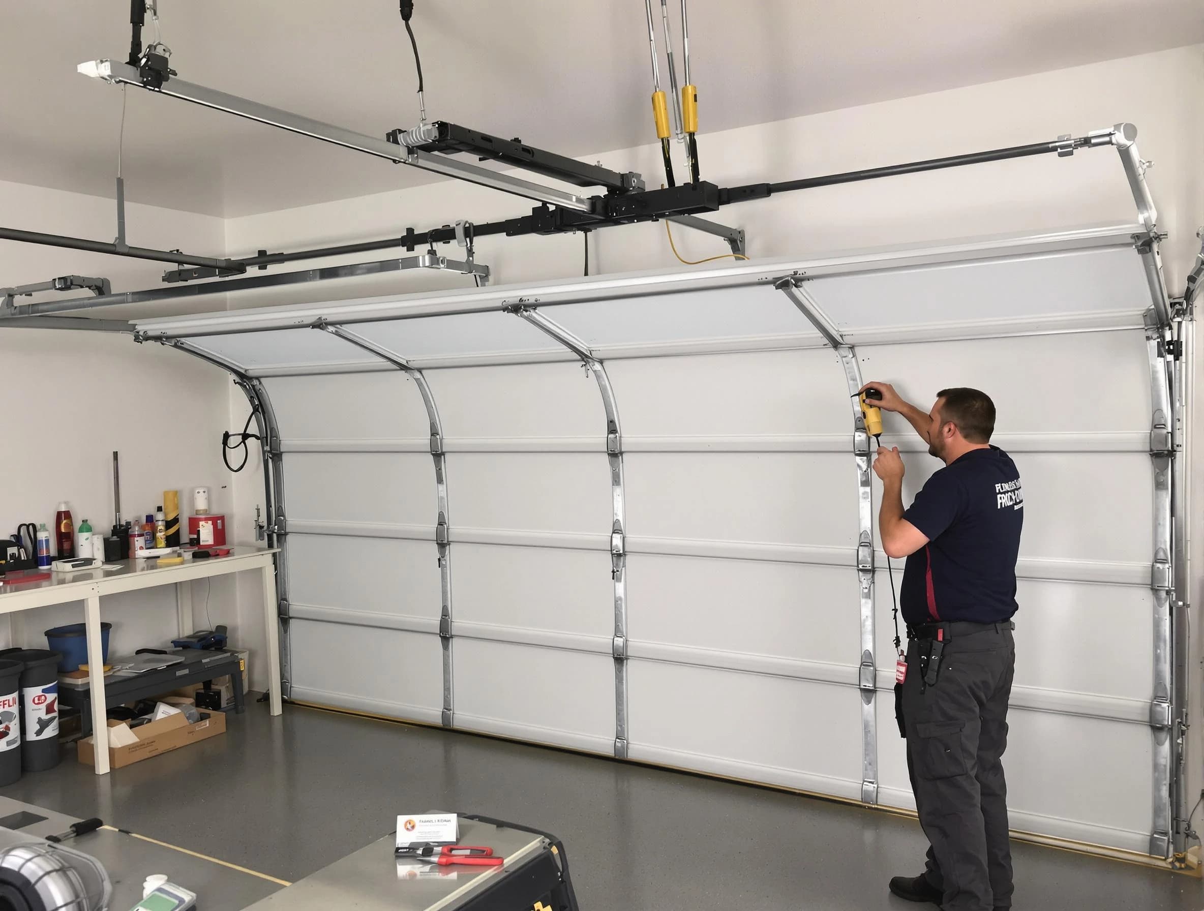 Vinings Garage Door Repair certified technician performing overhead door system repair in Vinings