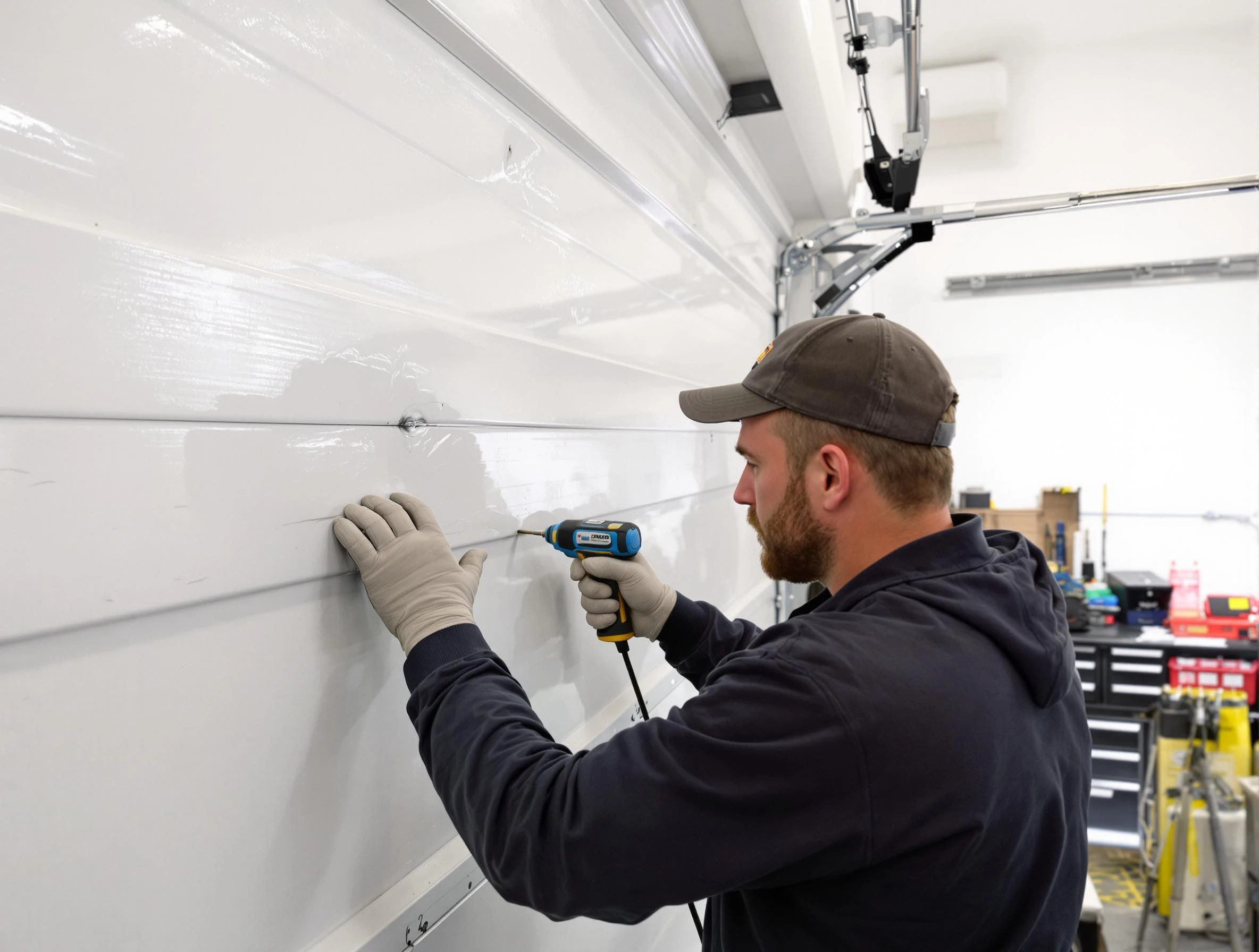 Vinings Garage Door Repair technician demonstrating precision dent removal techniques on a Vinings garage door